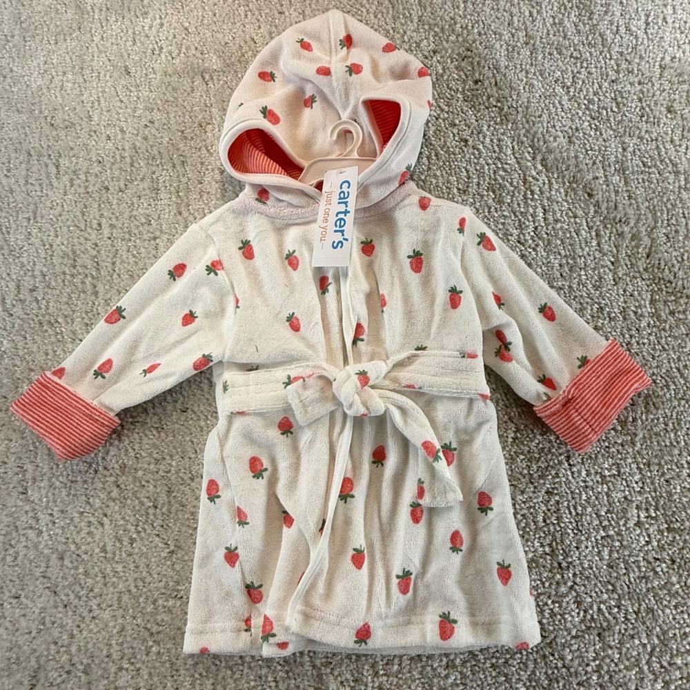 Carters Just One You Baby Strawberry Hooded Robe White Red 0-9M 1S201110 NWT